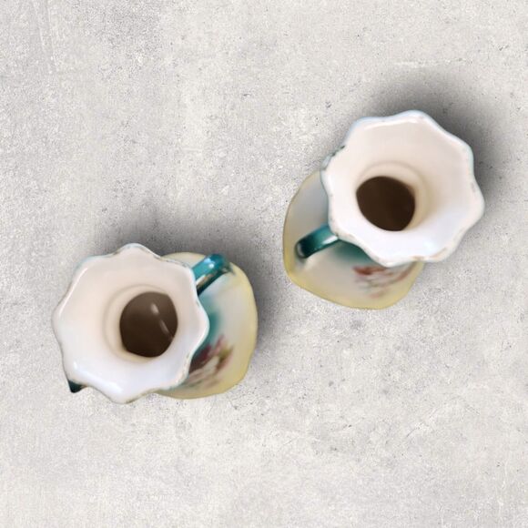 Pair Vintage Czechoslovakian Double Handle Bud Vases Hand Painted Roses Teal - Picture 6 of 8